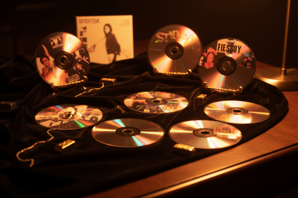 Fotografía realista de una colección de discos compactos presentados como verdaderas joyas. Algunos sobre terciopelo oscuro o madera fina, con luz cálida que resalta sus reflejos y carátulas únicas. Detalles elegantes y tonos dorados sutiles que transmiten rareza y valor. Escena limpia, nostálgica y exclusiva, que evoca los tesoros más preciados de cualquier amante de la música en formato físico.